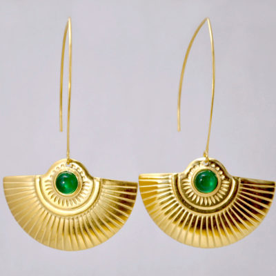 ploombijoux boucles d'oreilles originales longues dorées Art Deco Cleopatra verte