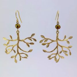 boucles d'oreilles femme originales chic fine branches dorées avec perle d'eau douce kaki nacré