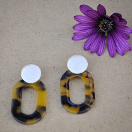 photo d'une paire de boucles d'oreilles ploom bijoux en resine ambree ecaille de tortue model original