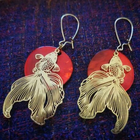 Boucles d'oreilles japonaises nacre rouge poisson voile de chine carpe légère originales longues créateur ploom bijoux